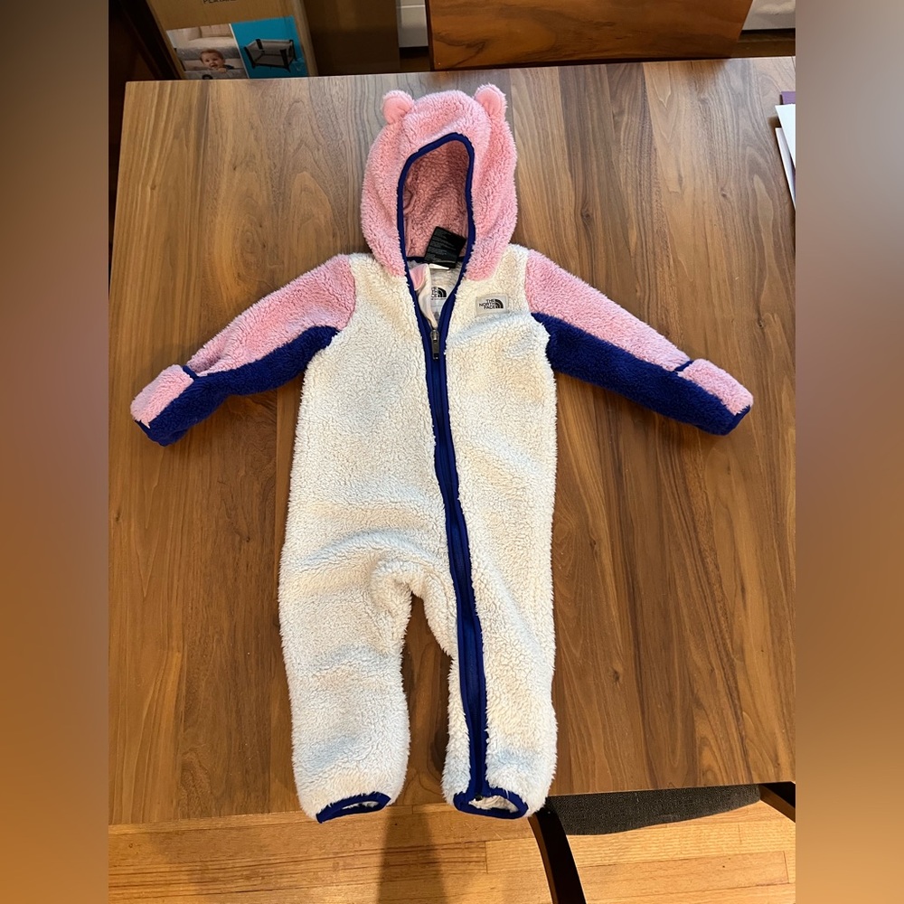 The North Face Baby Campshire suit, Pink, Blue, and White Footie 6-12m